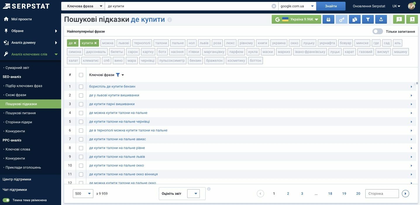 поисковые подсказки в Serpstat 