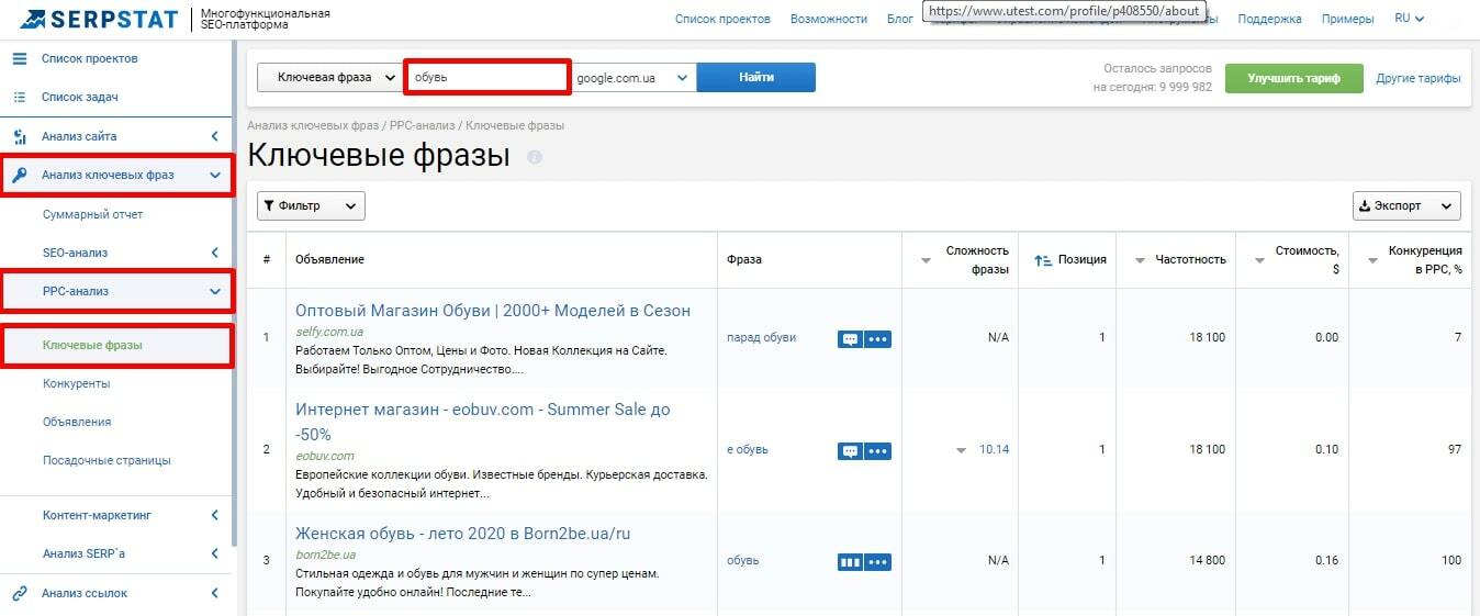 PPC-анализ ключевых фраз в Serpstat