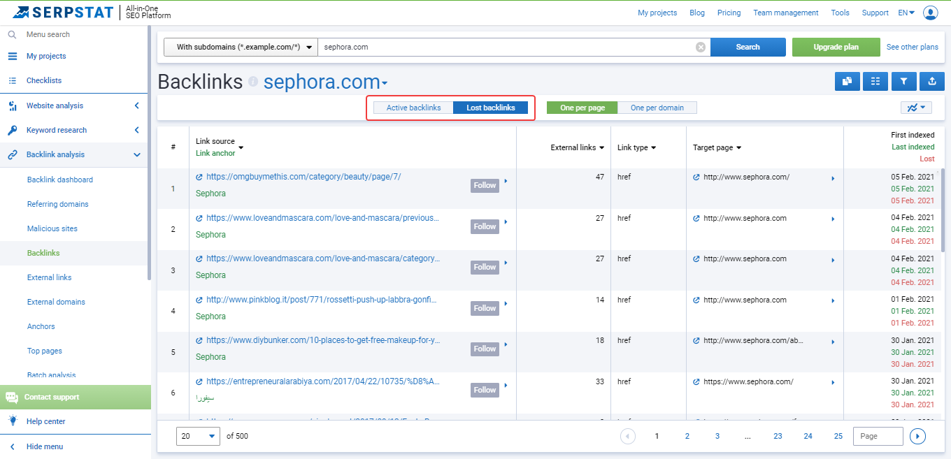 lost backlinks Serpstat