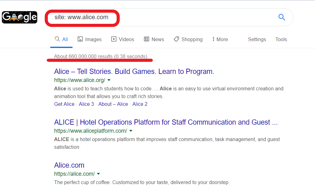 Checking the indexation with "site" operator in Google