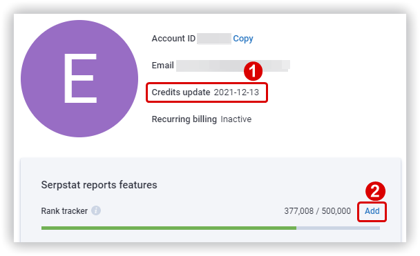 The date of credits update and the button for buying additional credits