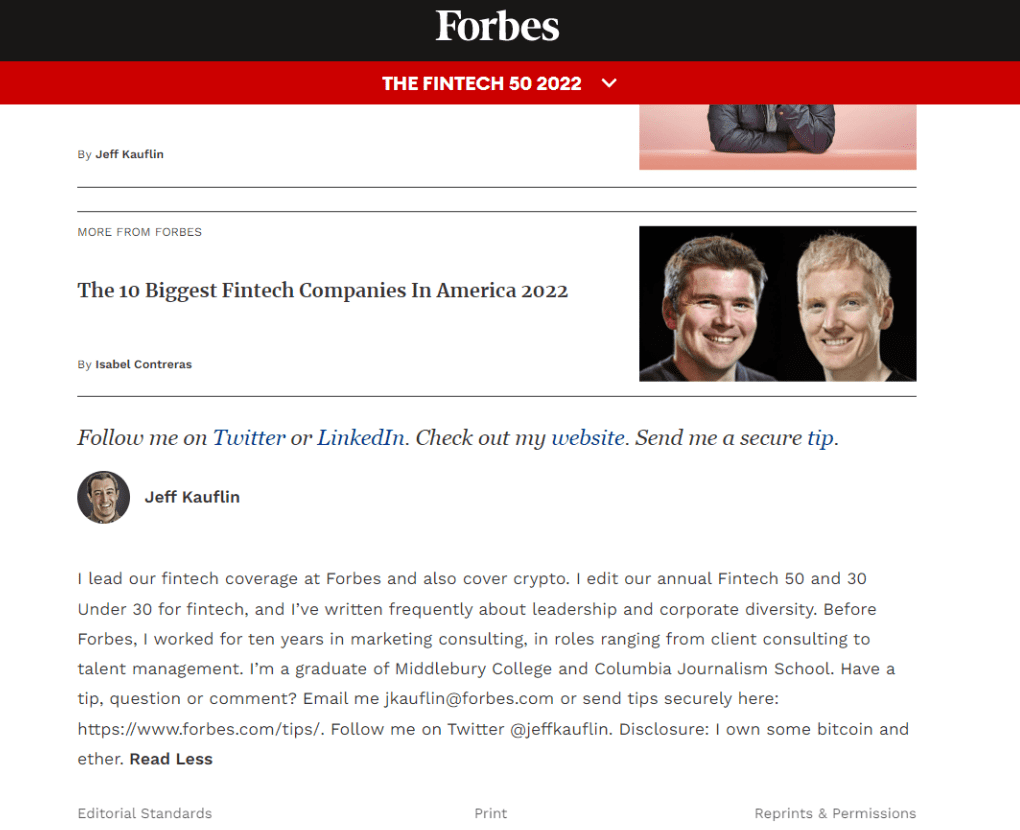 Пример информативной страницы автора, которая говорит об экспертности в Fintech