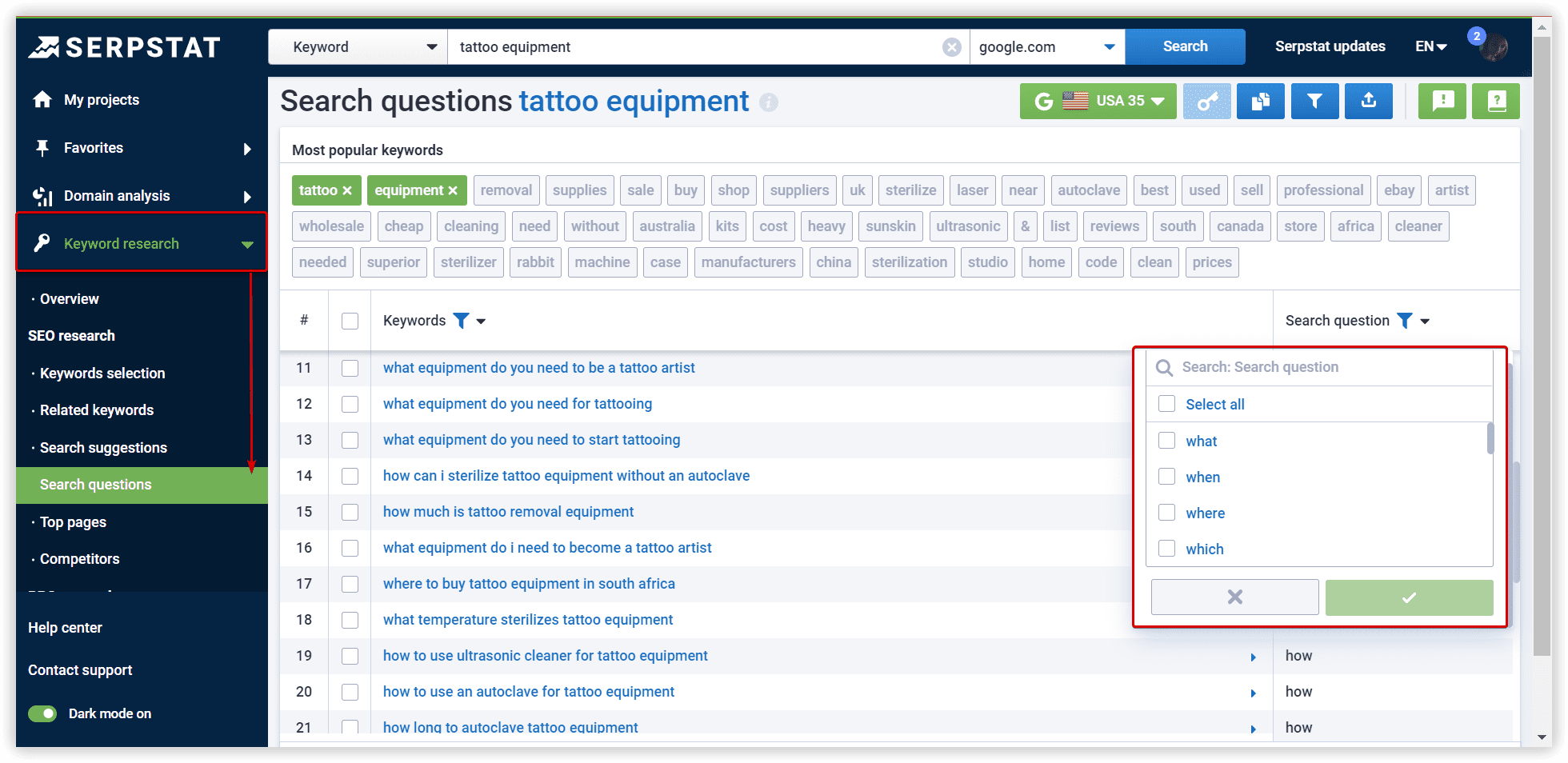 Serpstat, search questions