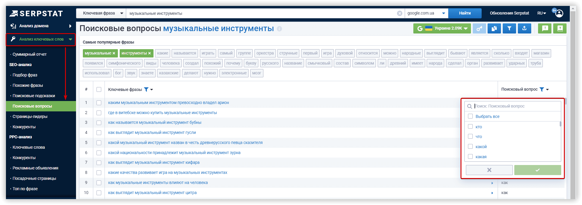 Serpstat, Поисковые вопросы