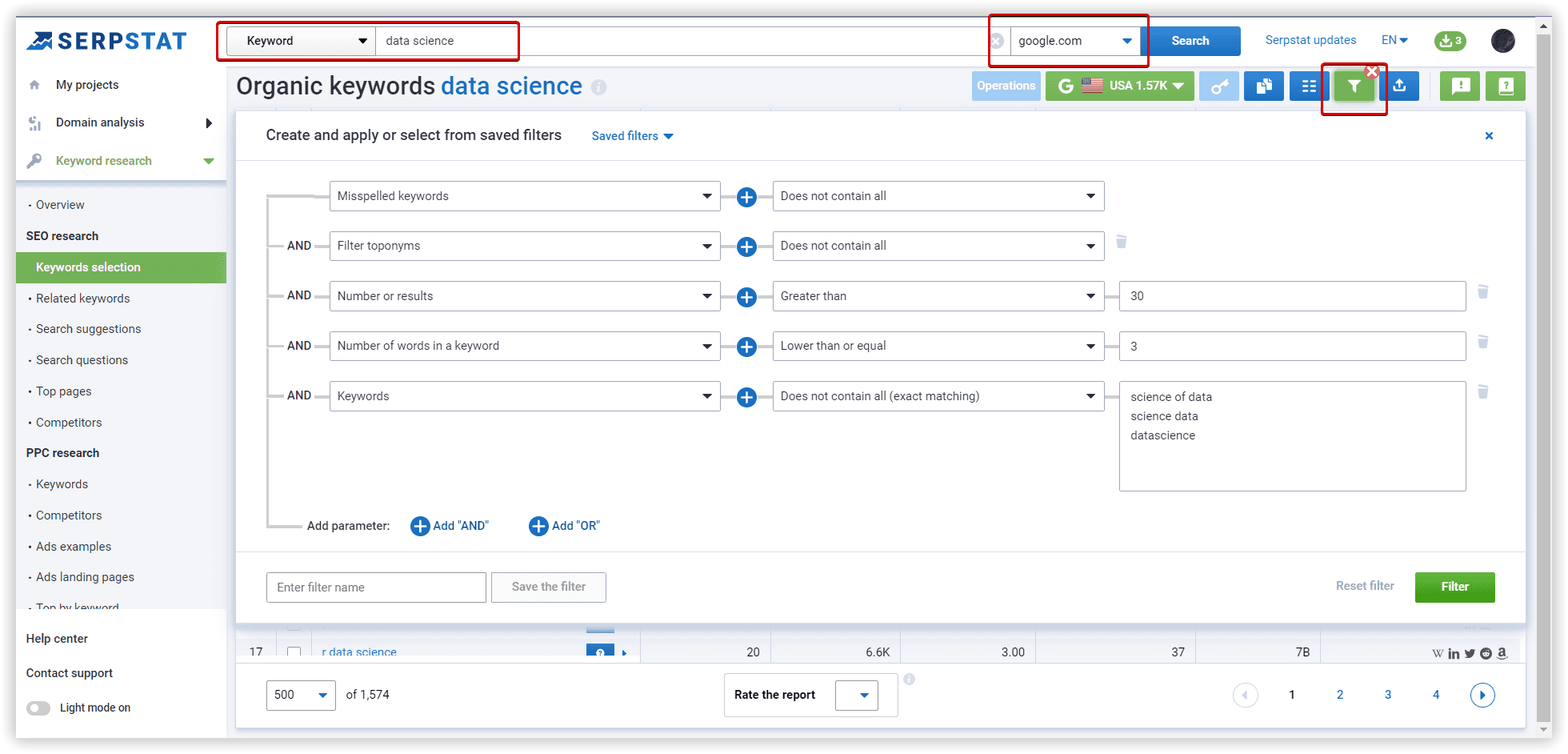 1. Filtering in Keywords selection to find data by keyword