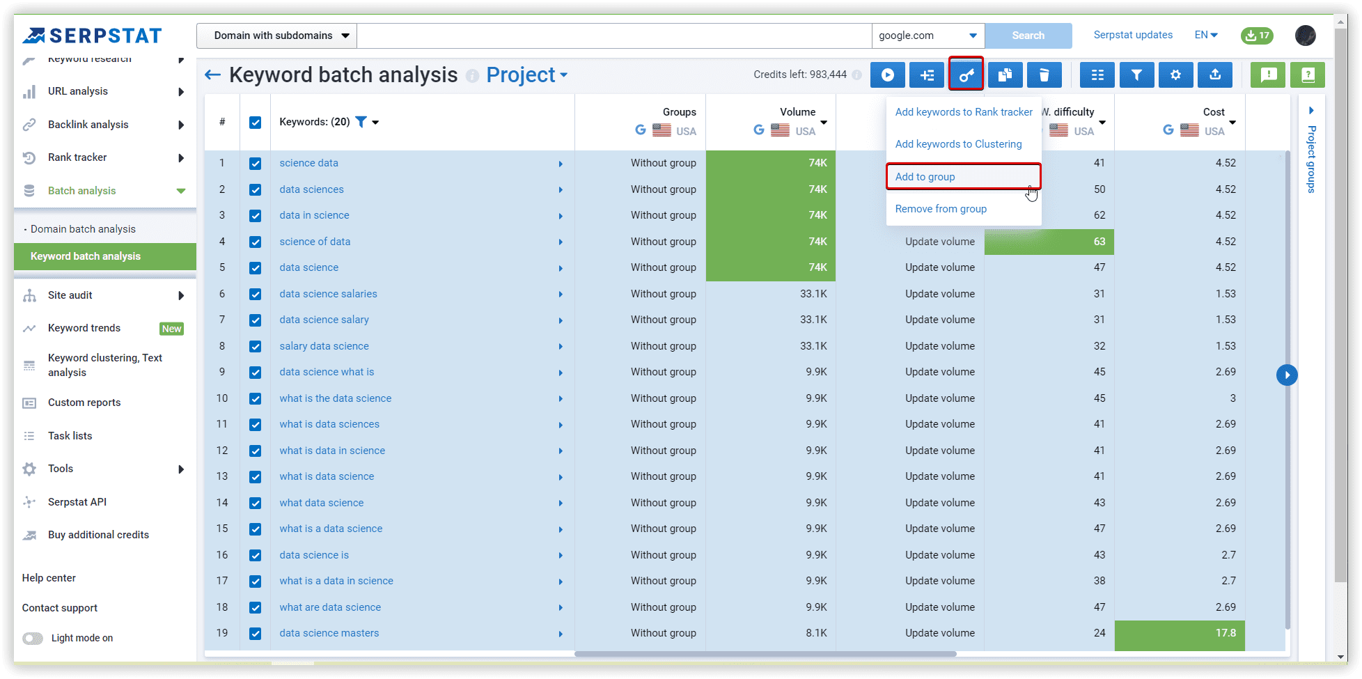 5. From the latest Serpstat update, the functionality for grouping inside the project is also available