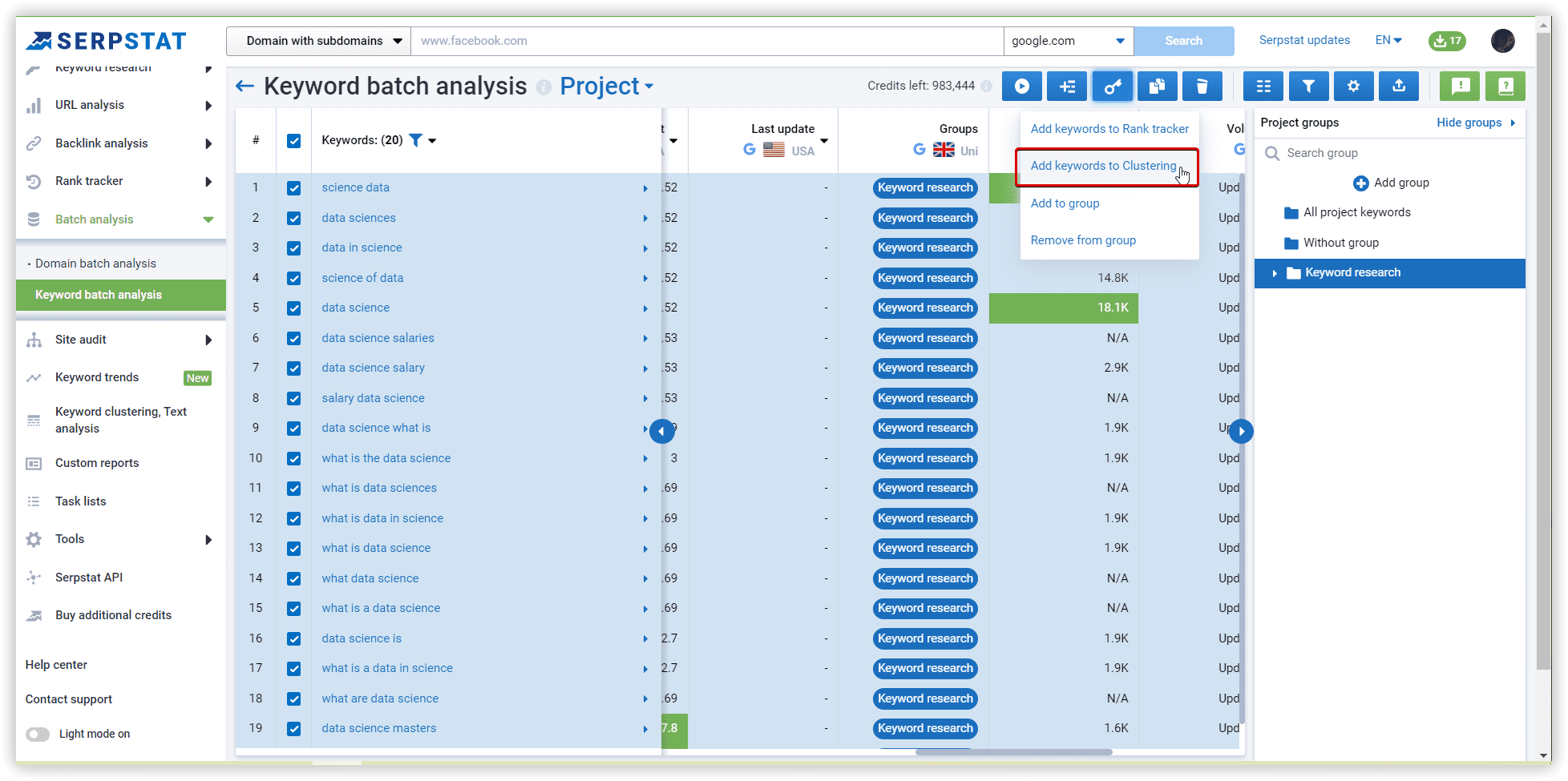 11. The "create project" scenario outcome from the ready-made batch analysis
