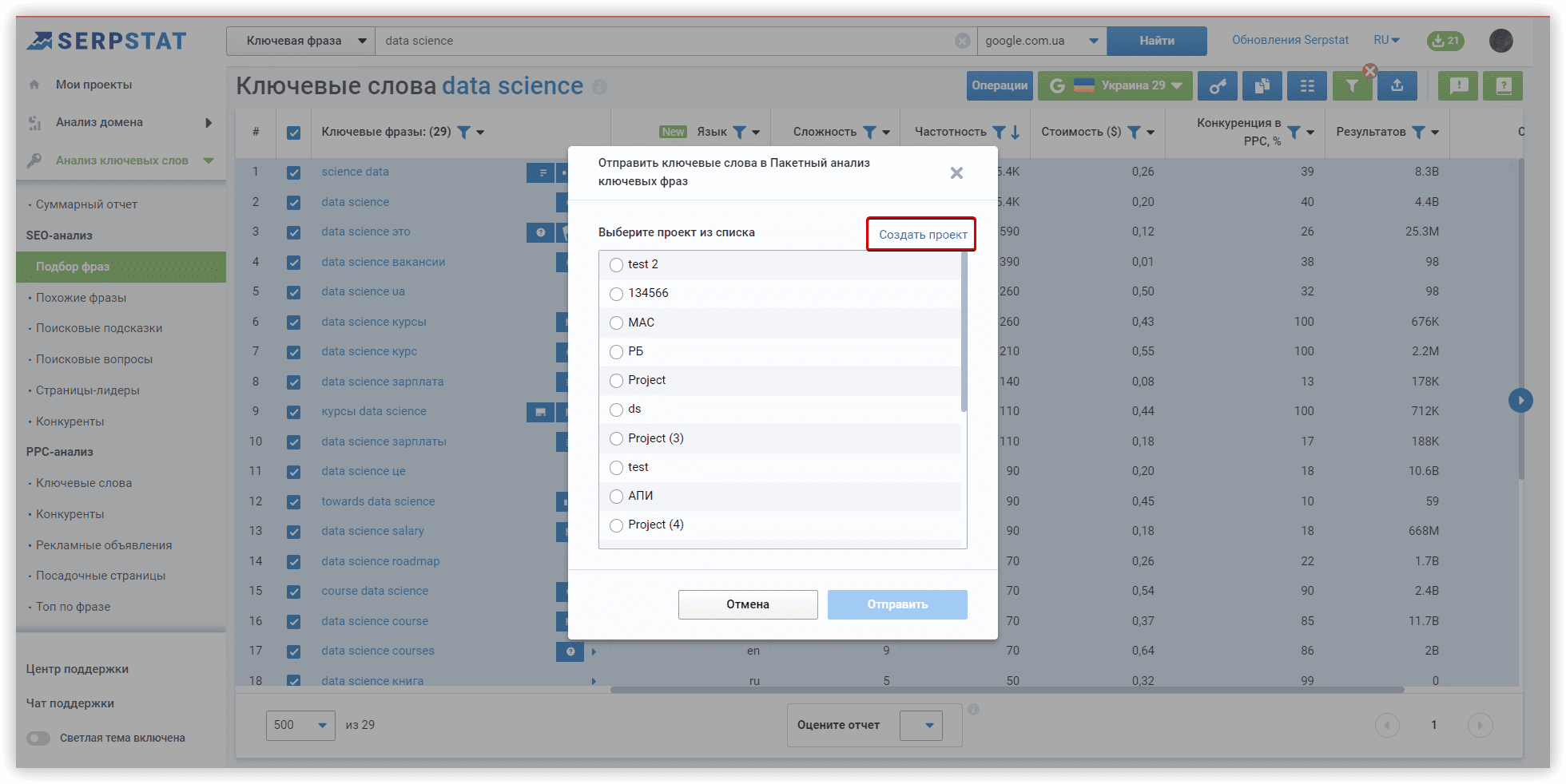 3. Используйте кнопку «Создать проект», чтобы собрать данные о фразах в новом отчете