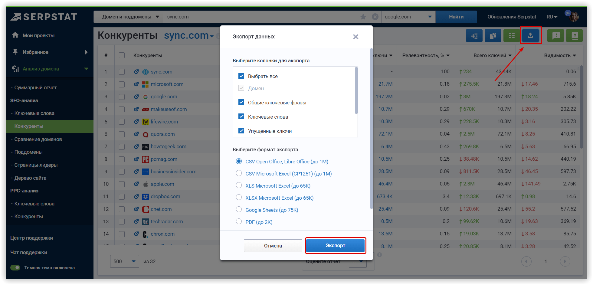 скачать список конкурентов 