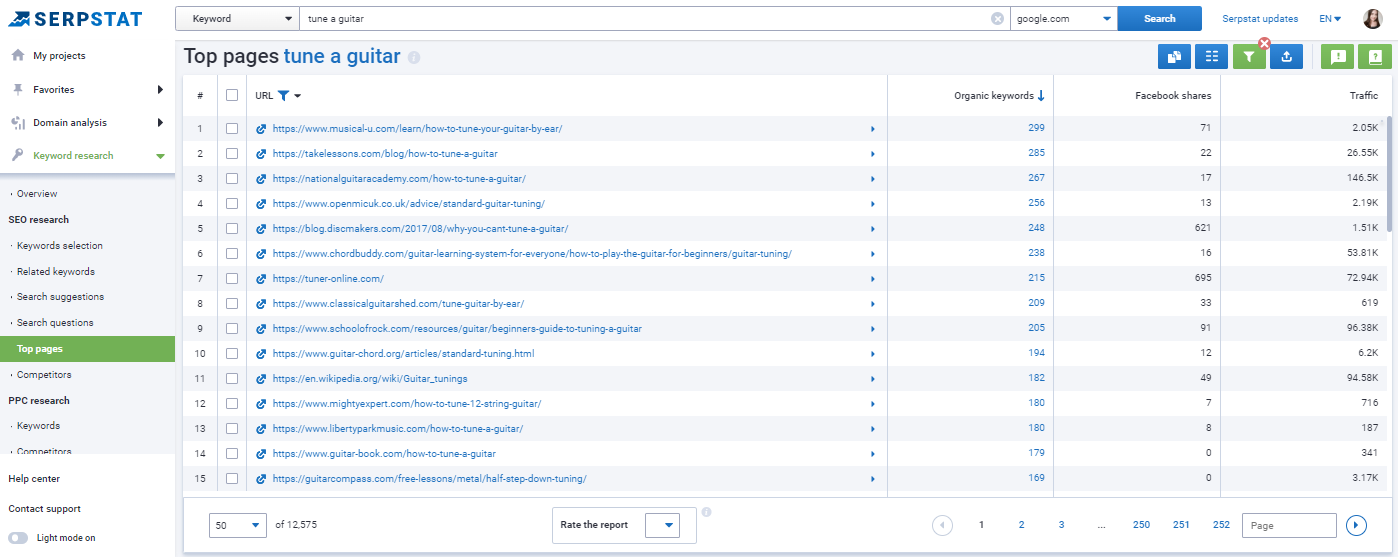 Top Pages report: the list of the most popular competitors' pages