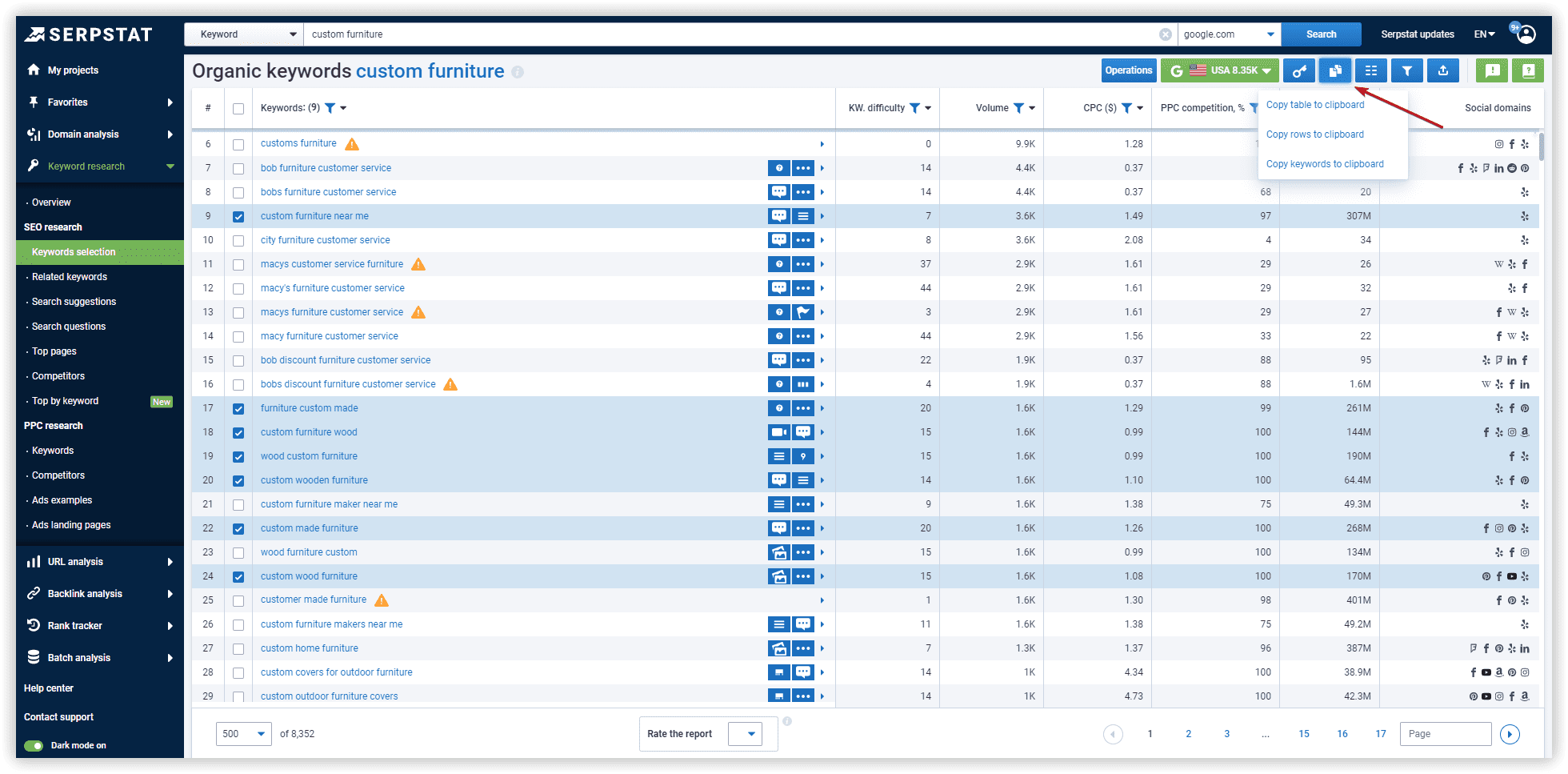 Keywords selection, clipboard