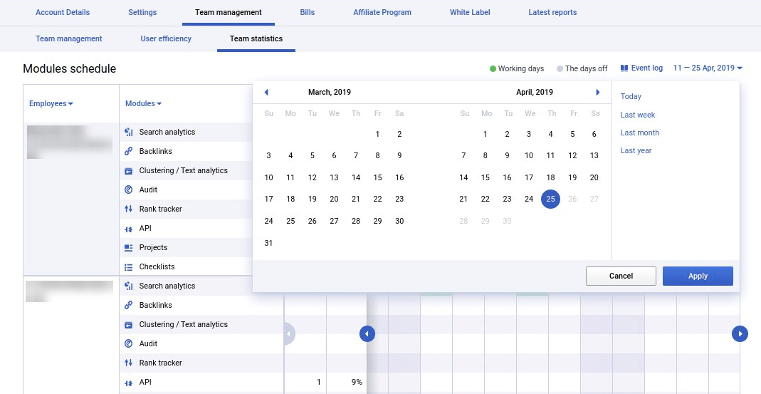 Выбор периода для аудита работы команды