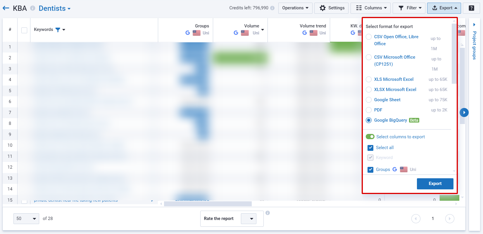 Exporting the report