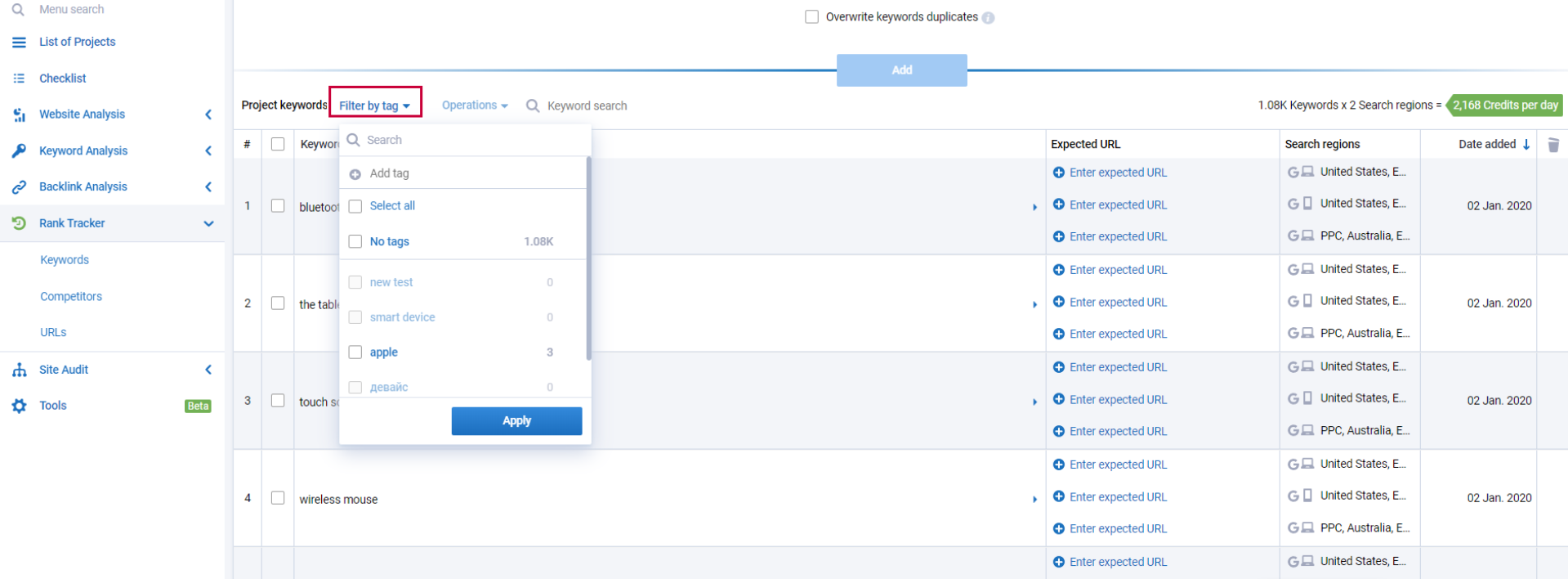 Can I add URLs to keywords by tag? 16261788764273