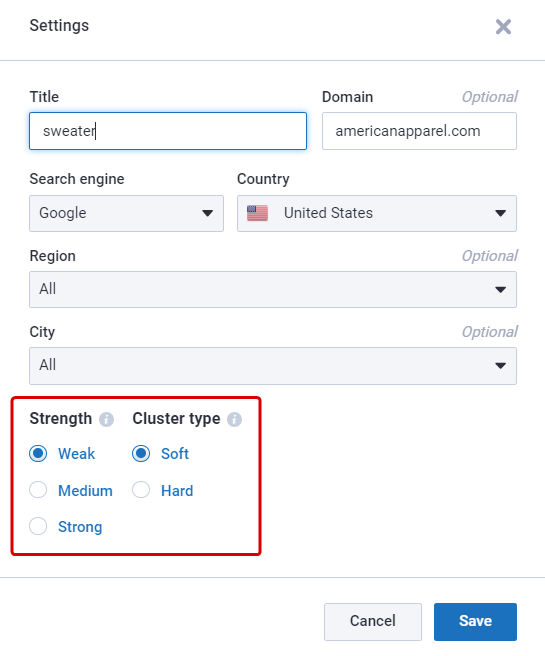 Which settings should be chosen in the Clustering tool? Strength/Cluster type?