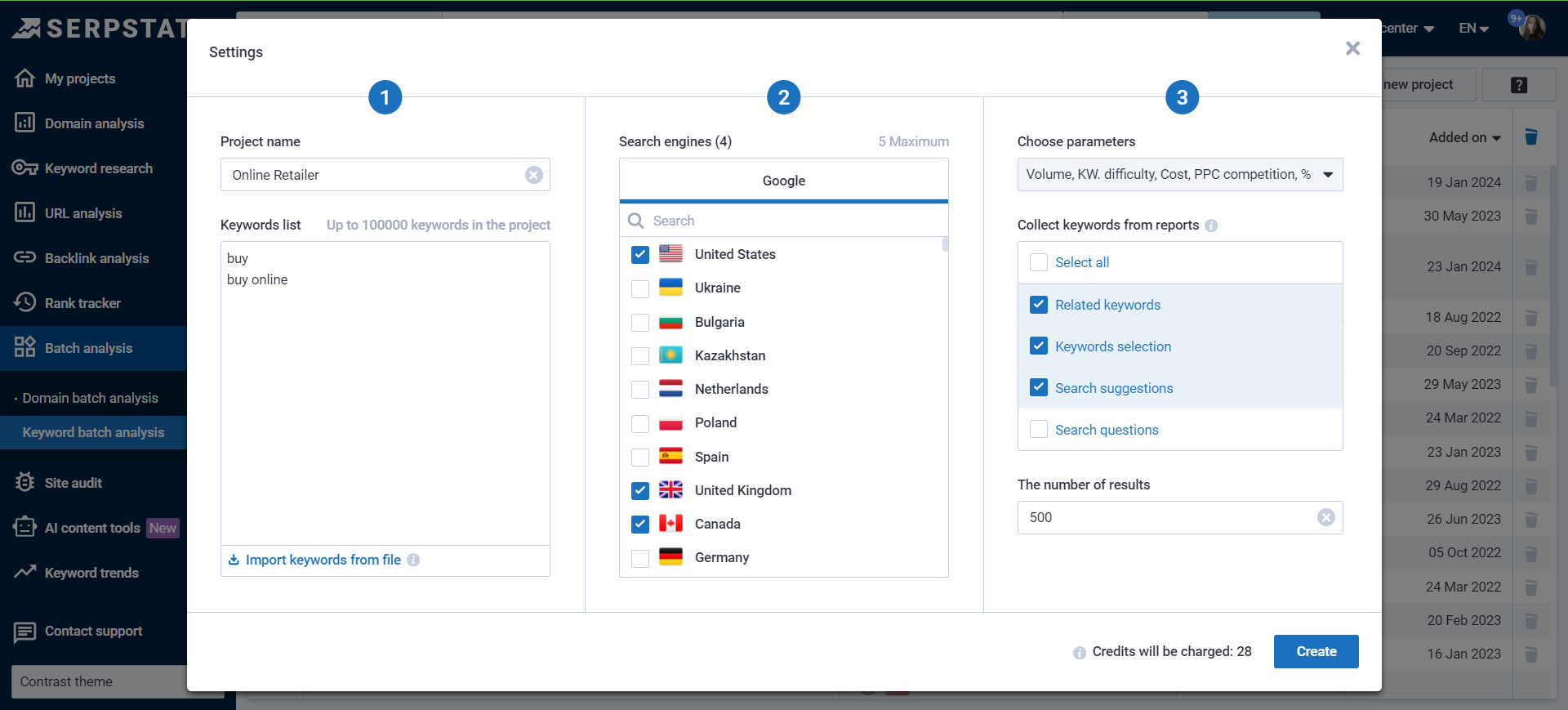 Setting up a Keyword batch analysis project