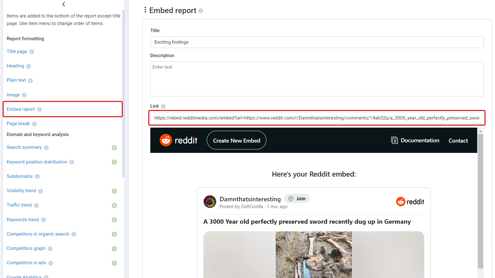 a link to embed a report