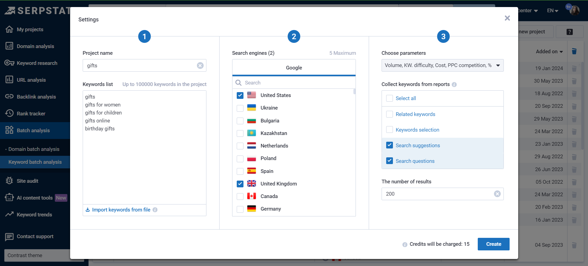 Keyword batch analysis setup