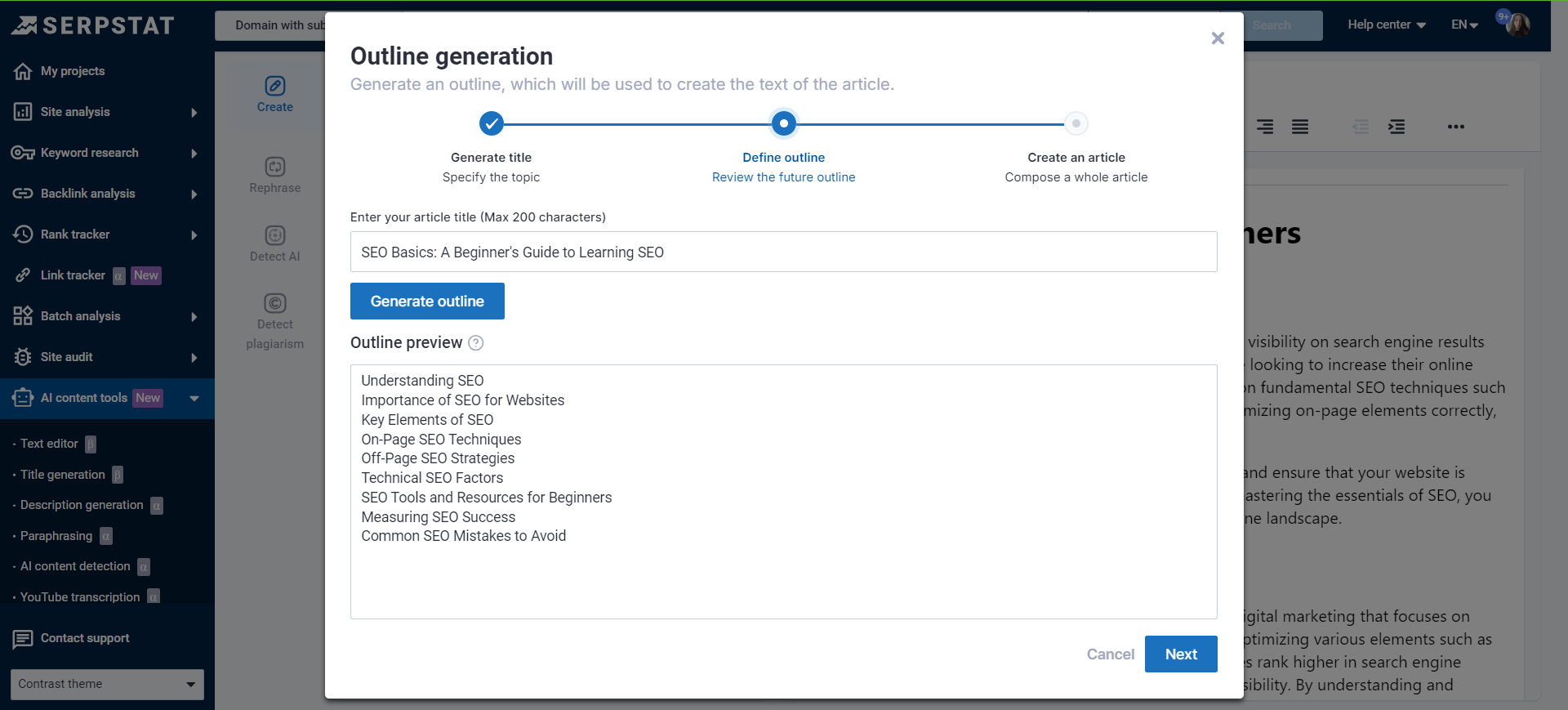 Generation of the article outline