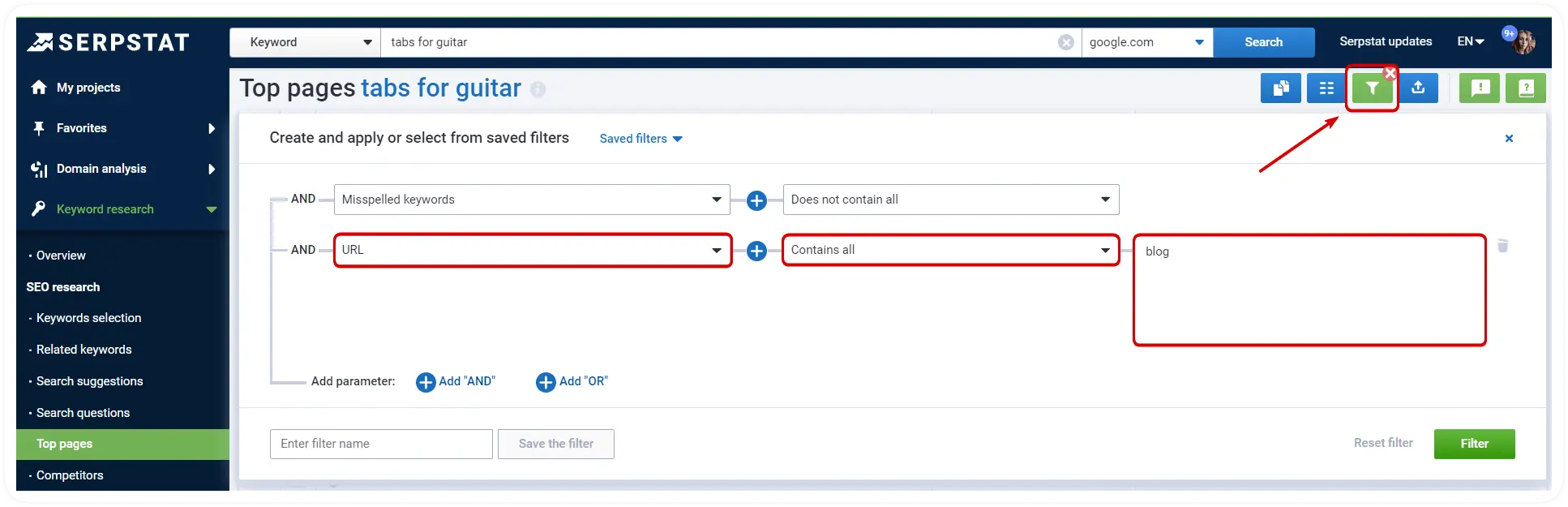 Filtering in Serpstat
