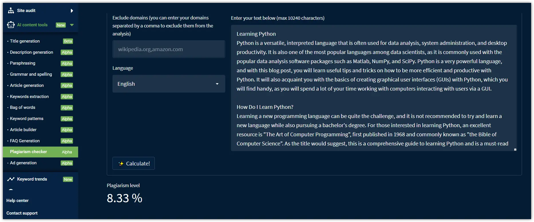 Plagiarism of the text