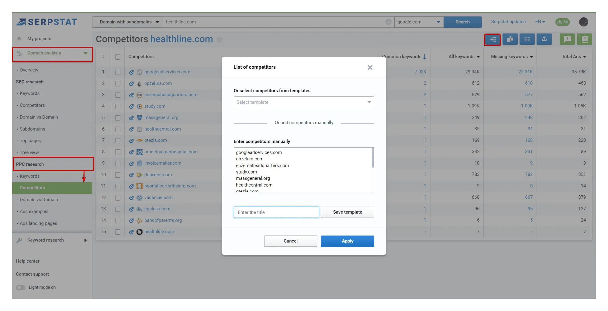 Competitors' template