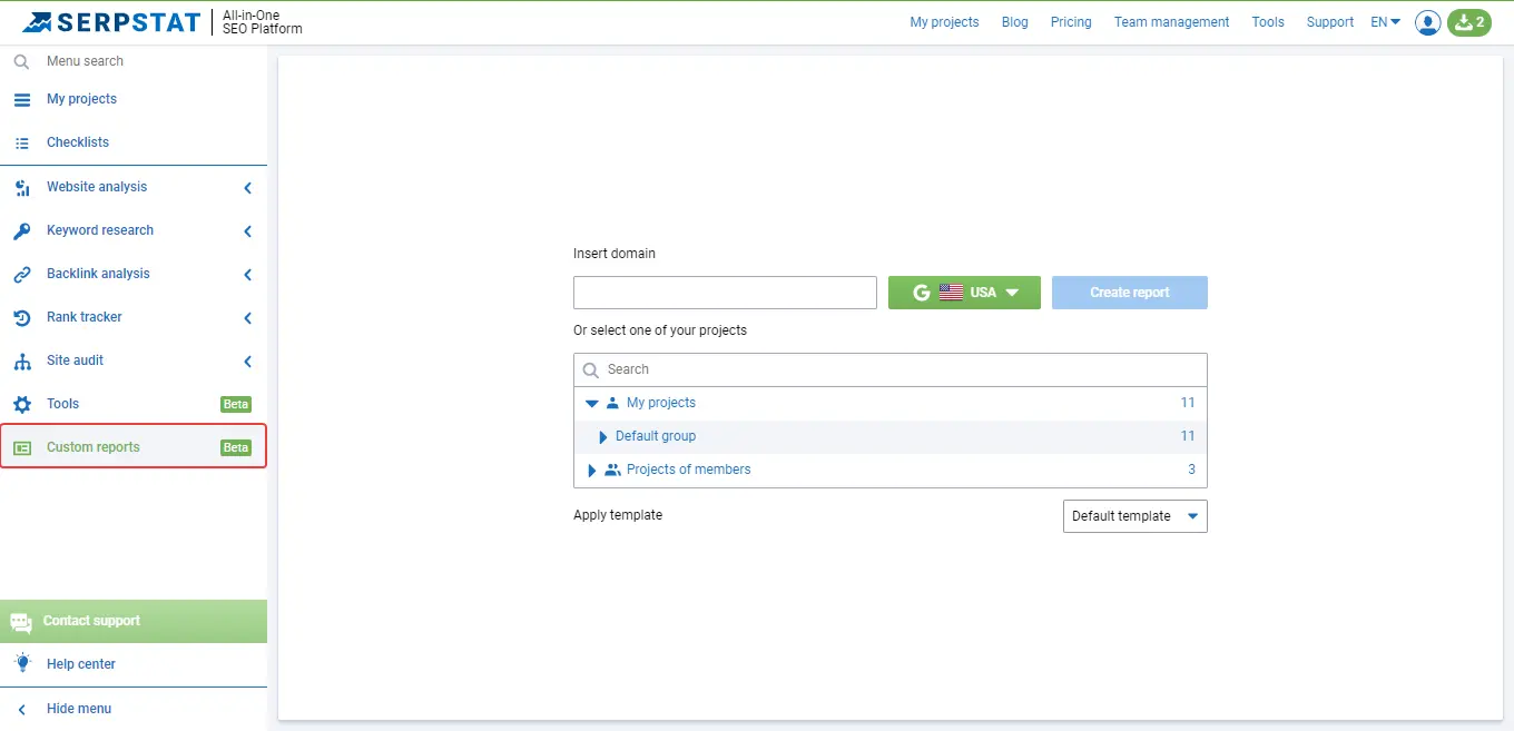 Custom reports in Serpstat
