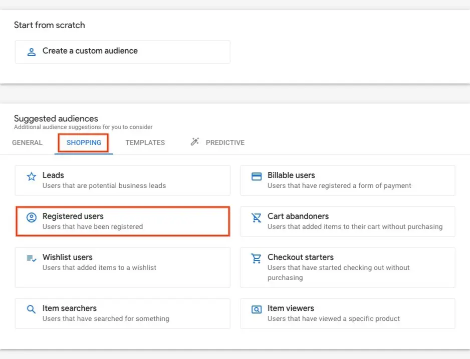 Suggested Audiences, Shopping section and select Registered Users