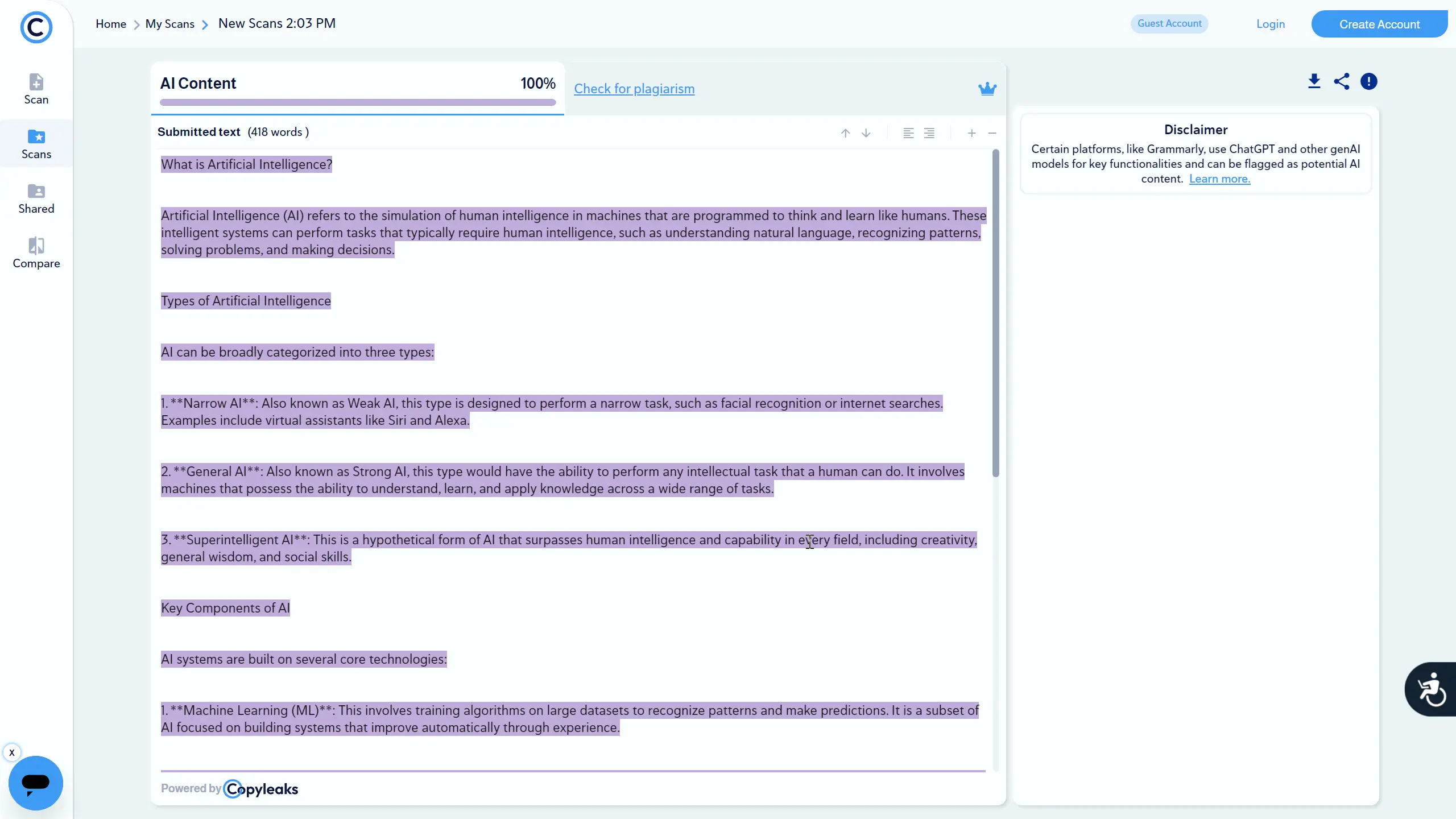 Результаты сканирования полностью сгенерированной статьи: