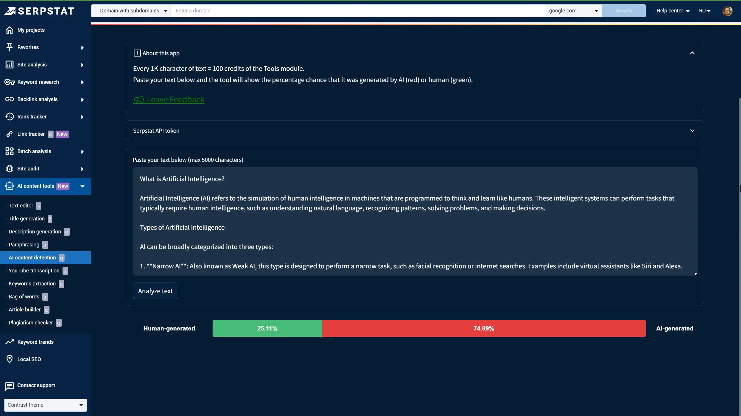Результаты сканирования полностью сгенерированной статьи