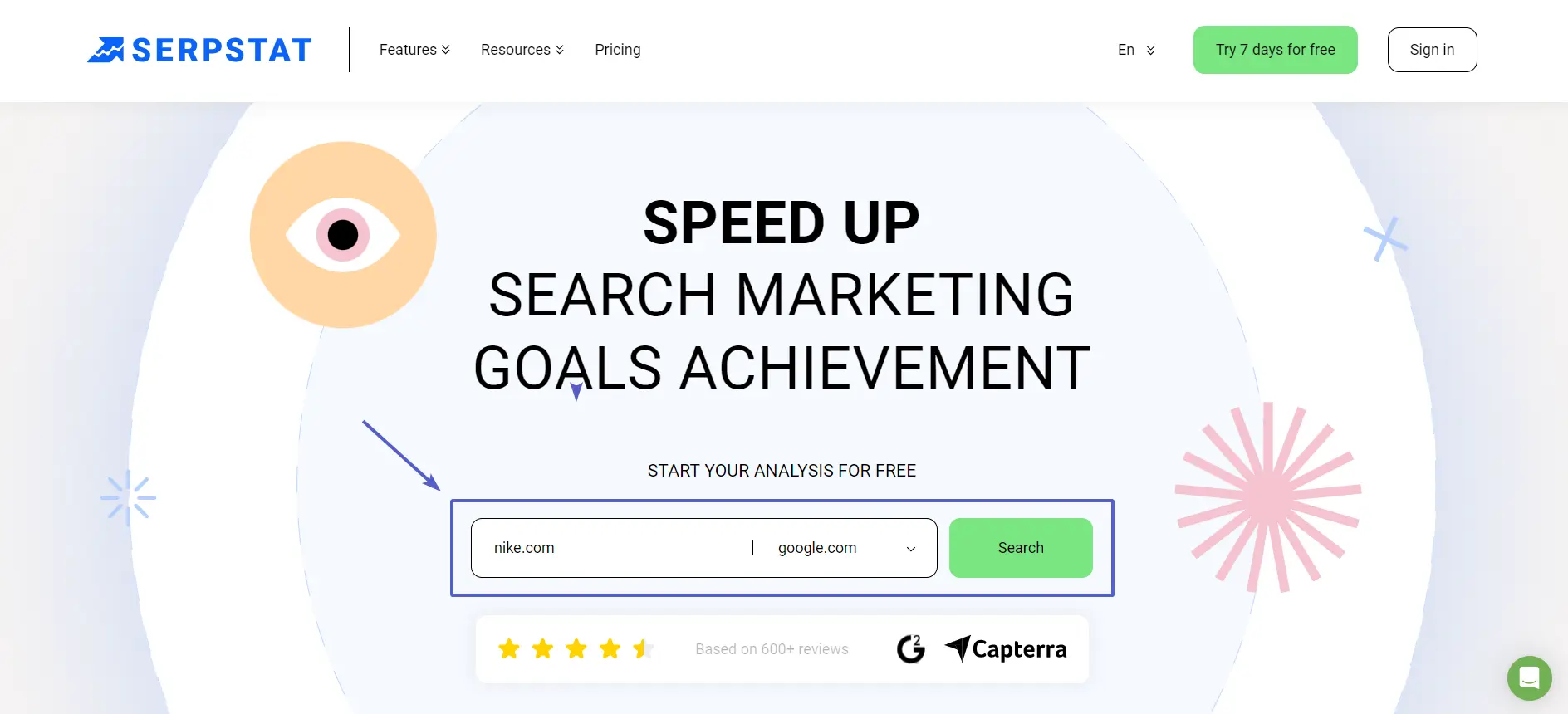 Serpstat homepage and search bar