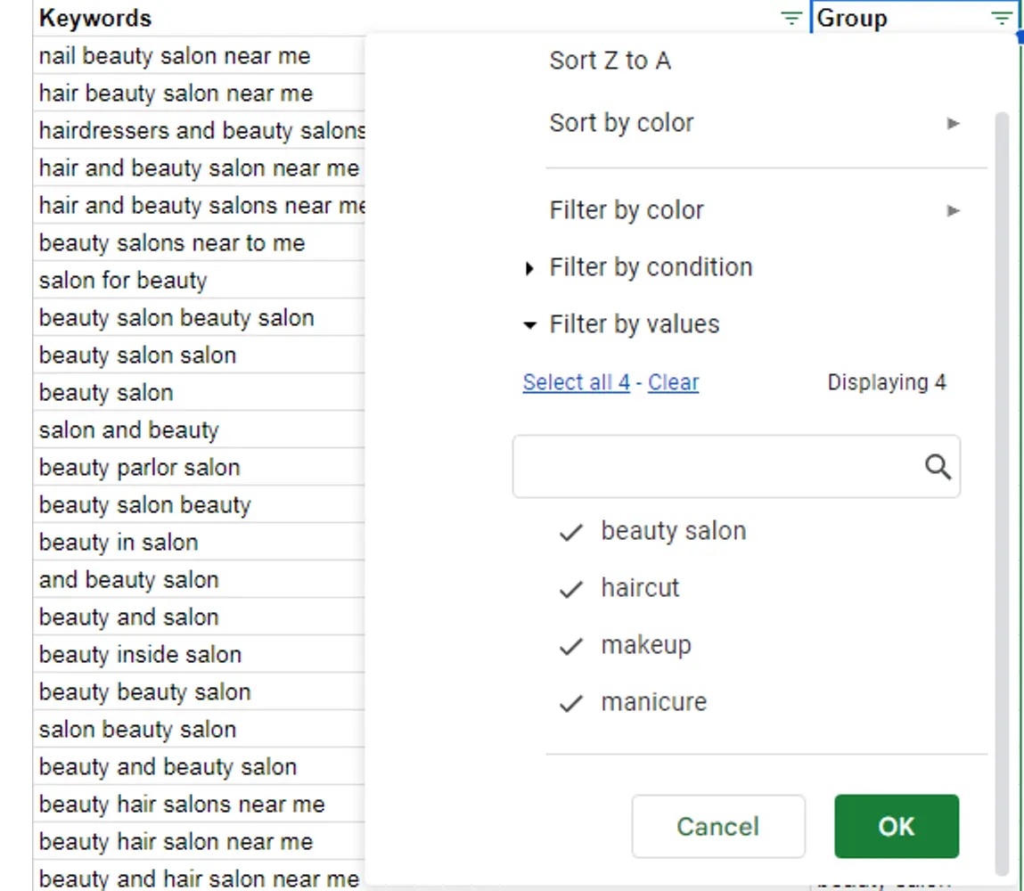 Фильтр в листе таблицы под названием “Keyword data (initial input)”