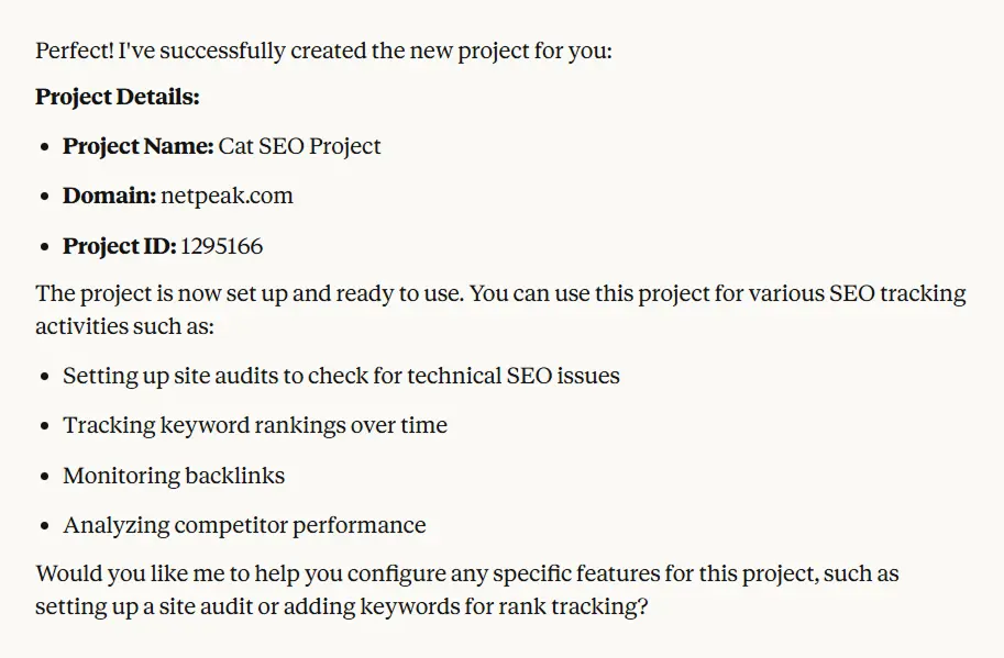 Creating new SEO project in Serpstat MCP