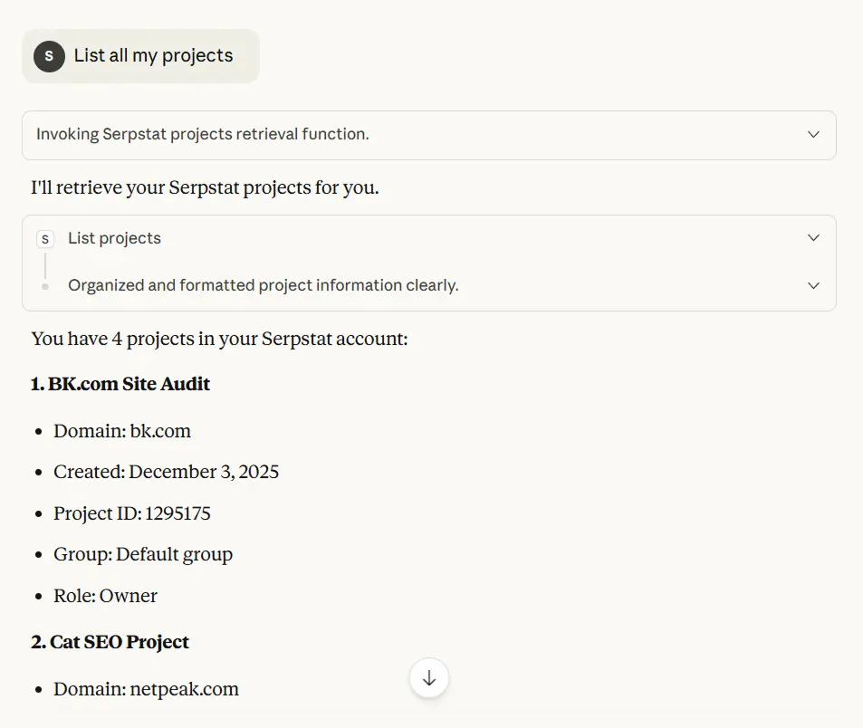 Creating new SEO project in Serpstat MCP